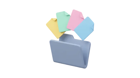 A minimalist 3D render of an open file folder with pastel colored papers floating out, symbolizing organization and data management