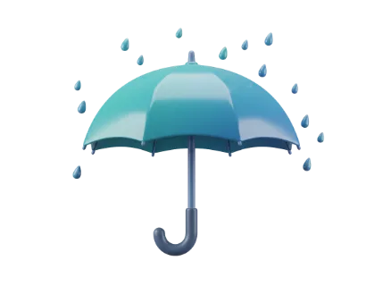 This illustration features a vibrant teal umbrella open and shielding from a scattering of blue raindrops against a clean white backdrop
