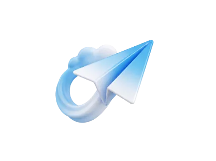 A blue and white paper airplane soars through a swirling cloud formation, symbolizing communication and travel