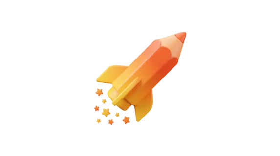A 3D rendered pencil shaped like a rocket ascends rapidly, leaving a trail of small stars, representing creative ideas taking flight and swift progress
