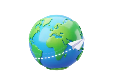 A white paper airplane flies around a stylized 3D globe, following a dotted line representing a journey