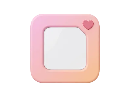 A 3D rendered icon resembling a social media post with a pink heart and a soft gradient frame, perfect for digital design elements