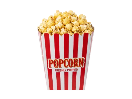 A full container of fluffy popcorn in a traditional striped box, perfect for movie nights or snacks
