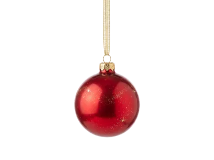 A single, glossy red bauble adorned with sparkling gold star accents, suspended by a festive gold ribbon against a clean white background