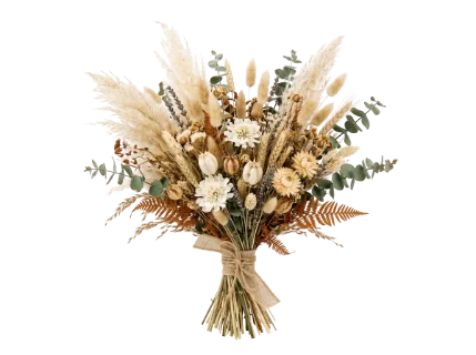 A rustic arrangement of dried flowers, grasses, and ferns tied with burlap, perfect for natural home decor
