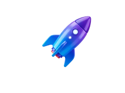 A vibrant, stylized rocket toy or spacecraft ascends with a gradient of blue to purple, symbolizing progress and exploration