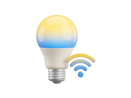 A modern smart bulb glows with a gradient of yellow and blue, accompanied by a Wi-Fi signal icon, symbolizing connected home technology