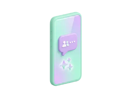 A modern mobile phone rendered in pastel colors, featuring a communication icon and decorative elements, symbolizing digital interaction