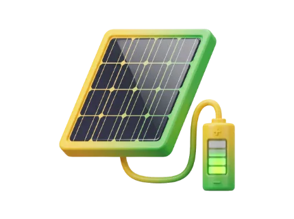 A 3D illustration of a solar panel connected to a battery, symbolizing the generation and storage of green electricity for environmental conservation
