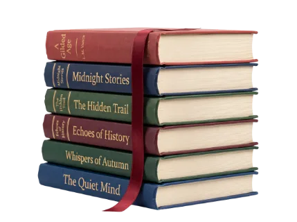 A neat stack of antique-style hardcover books, each with a different colored spine and a deep red ribbon bookmark, presented on a clean white background