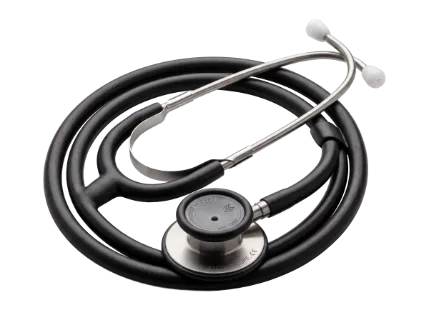 A high-quality medical stethoscope with a black tube and silver chestpiece is presented in a clean, isolated studio setting for easy use