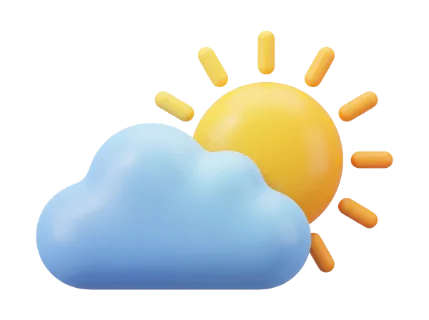 A 3D rendered icon depicting a bright yellow sun with orange rays peeking from behind a soft, light blue cloud
