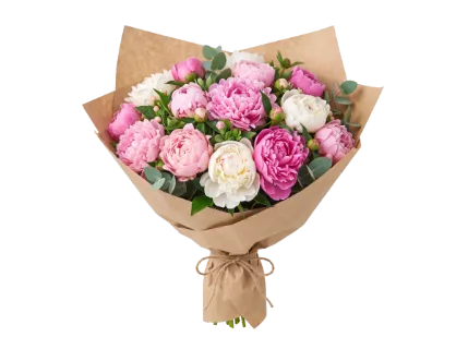 A lush arrangement of fresh peonies in various shades of pink and white, accented with eucalyptus, is presented in rustic brown paper packaging tied with twine