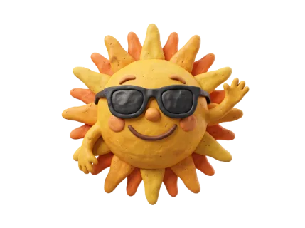 A cheerful, handmade sun character crafted from clay, sporting dark sunglasses and a friendly wave, perfect for summer themes