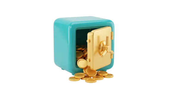 A stylized teal safe with its golden door ajar, spilling out shiny gold coins onto a white background, representing financial abundance and protection