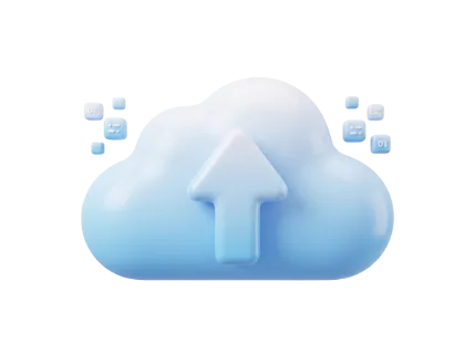 A 3D rendered cloud symbol with an upward arrow indicating upload, surrounded by small cubes with binary code