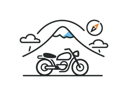 Adventure travel planning and open road exploration mindset inspiring weekend journeys and outdoor experiences for active individuals, a minimal motorcycle icon aligned with a