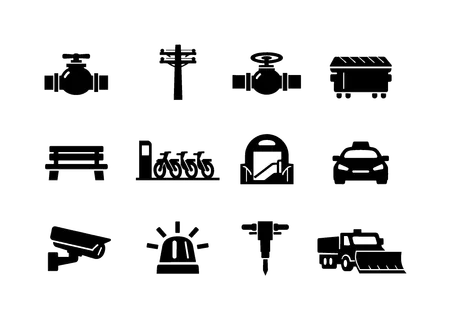 Urban infrastructure services: water supply pipe valve, electric utility pole, gas pipeline valve, waste dumpster container, public bench seat, bike share station, metro subway