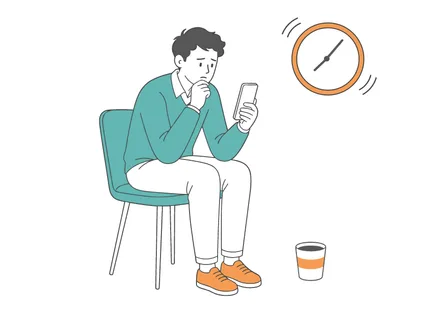 A young man sits on a chair, looking stressed while holding his smartphone and glancing at a ticking clock, symbolizing time pressure and anxiety