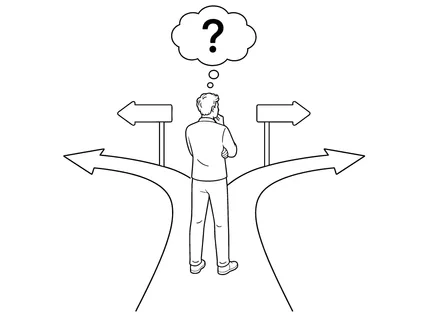 A person stands at a diverging path, looking up at a question mark, symbolizing indecision and the need for a choice