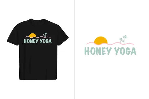 A black t-shirt features a retro-style logo with the words Honey Yoga, a setting sun, and palm trees
