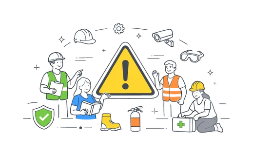 Organization focusing on workplace safety and accident prevention through awareness and training initiatives, visualized with a metaphor of a central safety sign
