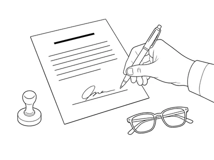 A hand in a suit jacket signs a formal document with a pen, while eyeglasses and a rubber stamp rest on the surface