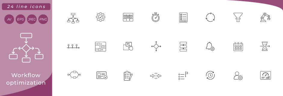Workflow optimization: flowchart diagram, gear with checkmark badge, kanban board columns, stopwatch, checklist with progress bar, looping arrows cycle, bottleneck funnel, automation robot arm