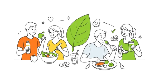 A healthy eating and balanced diet scene where individuals make mindful food choices in everyday life, using minimal forks with fresh ingredients and a single leaf element as a