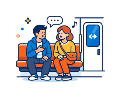 City lifestyle moment highlighting friends riding the subway together while chatting during a daily commute or weekend outing, two people sitting on a subway bench seat beside a