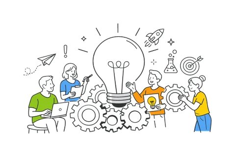Creative problem solving in an innovation context where new ideas are developed and tested collaboratively, depicted by a simple gear mechanism combined with a light bulb