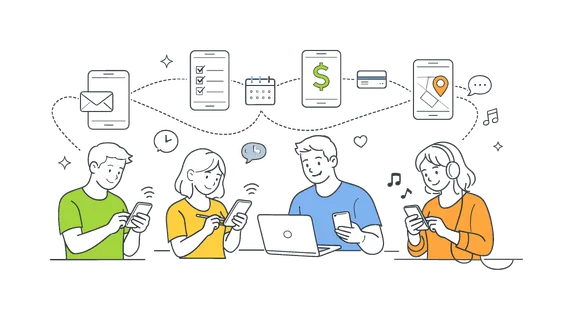 Group of people using smartphones in everyday life to manage tasks, communicate, and access digital services across different contexts, illustrated through a clear