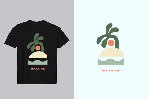 Minimalist design featuring a stylized palm tree, sun, and ocean waves on a t-shirt mockup and isolated graphic