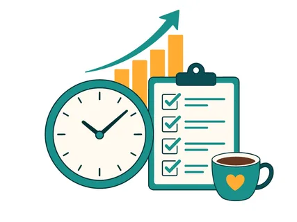 Illustration symbolizing effective time management, task completion, and business growth with a clock, checklist, and upward trending graph