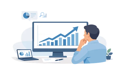 A data analyst interpreting information to support business decisions in a modern workspace, represented by a person observing a simple chart with an upward trend on a