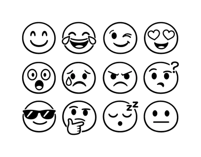 Chat reaction emotions: happy smiling face, laughing face with tears, wink face with smile, love face with hearts, shocked face wide eyes, crying face with tear drop, angry face