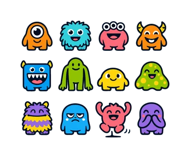Cute monster characters: one-eyed monster, two-eyed fluffy monster, three-eyed round monster, horned smiling monster, square toothy monster, long arms monster, short legs monster