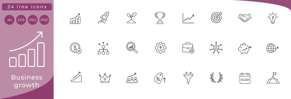 Business growth: upward bar chart, rocket launching, seedling sprouting, trophy cup, ascending line graph, target with arrow, handshake, lightbulb with upward arrow, coin with plus badge, org chart