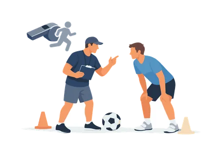 A coach guiding an individual during a sports training session, illustrating mentorship, skill development, and teamwork in athletic environments, a whistle paired with a