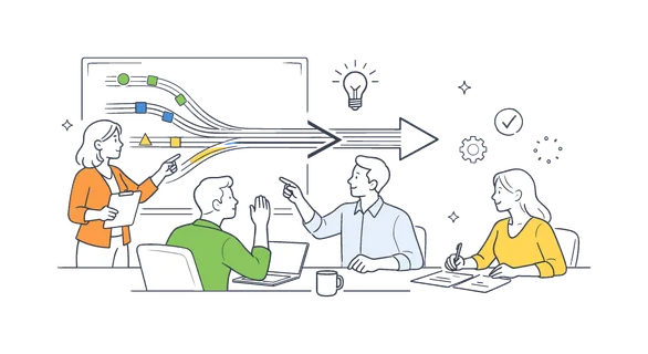 A clear workflow merging scenario where a team combines multiple parallel task streams into a single unified process during a planning session, centered around a visual