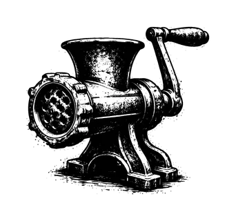 A heavy cast iron meat grinder shown in a three-quarter perspective, enlarged to fill most of the frame as a dense mechanical object on a pure white background, the