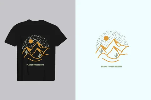 A minimalist graphic design featuring a desert scene with mountains, a sun, and cacti, conveying a message of environmental protection