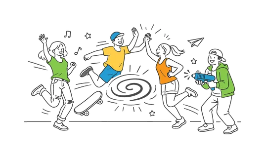 A playful chaos scenario where a group of people engage in spontaneous, energetic activities in a lively setting, shown through a small group interacting near a simple