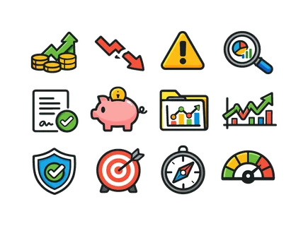 Financial risk and results: gain arrow with coin, loss arrow with broken line, warning triangle finance, audit magnifying glass, contract document sheet, savings piggy bank