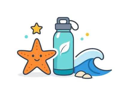 Ocean conservation and sustainable coastal protection presented as a modern environmental stock concept, a starfish paired with a reusable water bottle and a small wave