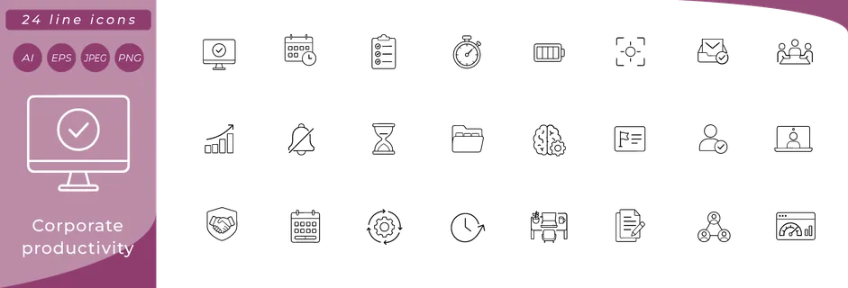 Corporate productivity: desktop monitor with checkmark, calendar with clock, task list clipboard, stopwatch, battery fully charged, focus target, email inbox with tick, meeting people around table