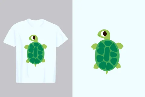 A playful green turtle graphic is displayed on a blank white t-shirt, perfect for apparel design mockups