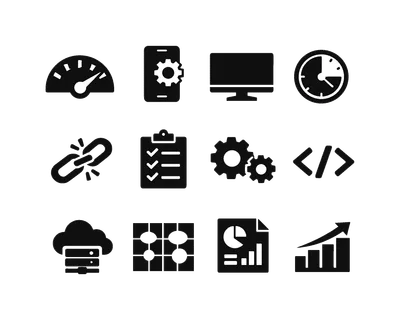 SEO tools and performance: speedometer gauge, mobile phone optimization, desktop monitor, page loading clock, broken link, audit checklist, gear settings, code brackets,