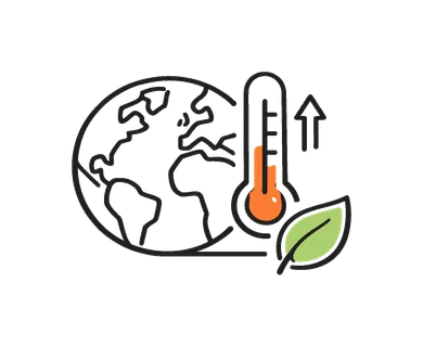 Climate impact focused on understanding environmental changes and their effects on ecosystems and human activity, a globe icon combined with a small thermometer and a