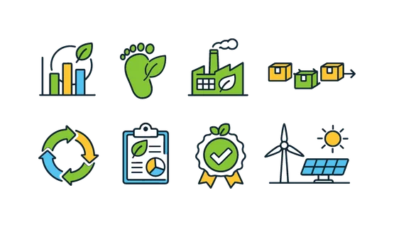 Sustainable business strategy: ESG chart, carbon footprint icon, green factory, supply chain arrows, circular economy loop, sustainability report, eco certification badge